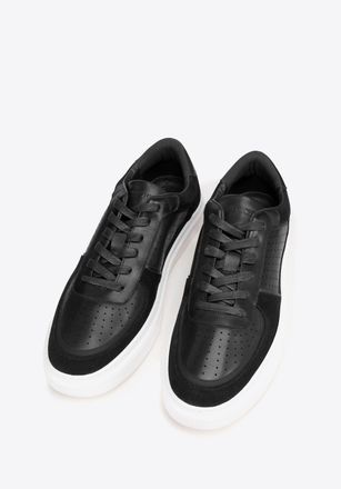 Wittchen Heren leren sneakers met perforaties, zwart, natuurlijk leer