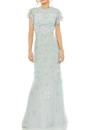 Mac Duggal Floral Embellished High Neck Flutter Sleeve Gown in Periwinkle at Nordstrom, Size 16