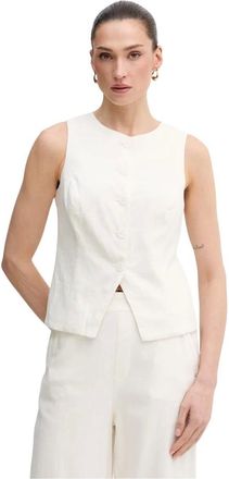 DKNY Dkny, Jassen, Dames, Beige, L, Linnen, Linnen Gilet met Knopen aan de Voorkant