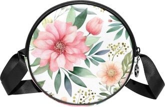 Generic Circle Crossbody Bag for Women, Floral Leaves Small Sling Bag Daypack with Zipper Adjustable Shoulder Straps Casual Ladies Girls Round Purse