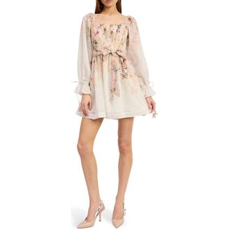 En Saison Floral Print Tie Waist Long Sleeve Chiffon Minidress in Ivory Blush Orchid at Nordstrom, Size Medium