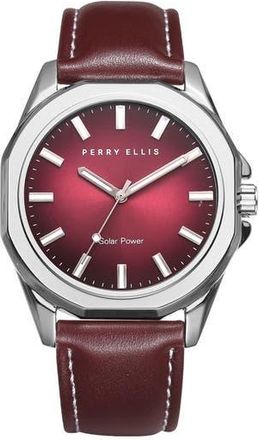 Perry Ellis Solar Powered 3-Hand Quartz Leather Strap Watch, 41mm in Silver/burgundy at Nordstrom Rack