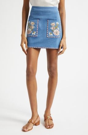 Veronica Beard Pallas Embroidered Pocket Detail Stretch Cotton Skirt in Sea Glare at Nordstrom, Size 10