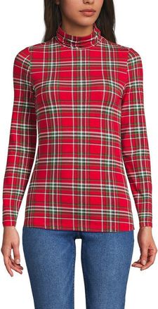 Lands End Lightweight Jersey Long Sleeve Turtleneck in Compass Red/emerald Plaid at Nordstrom, Size X-Large