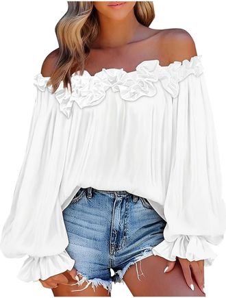 Generic Off The Shoulder Tops Women Plus Size Elegant Blouses Ruffle Trim Boat Neck Tunic Shirts Elastic Cuffs Puff Long Sleeve Dressy Tops Going Out Party We