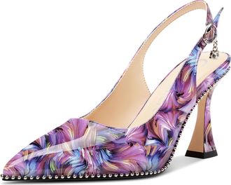 Castamere Womens Slingback Kitten Heel Close Pointed Toe Pumps Court Shoe Chunky Wedding Party Dress Shoes 9 CM Heels Purple Vortex 6.5 UK