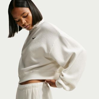 Nike Womens Studio Fleece Medium Weight Plush Oversized 1/4-Zip Cropped Top in White | IM8365-133
