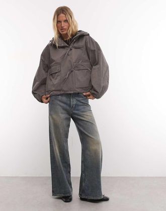Collusion giacca bomber oversize con cappuccio e dettaglio fiocco grigia-Grigio
