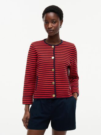 Tommy Hilfiger Womens Boxy Fit Gold-Button Striped Cardigan - Navy Blue / Fire Red - XL