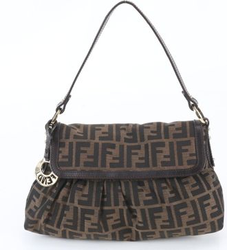 Fendi Brown Leather Canvas Handbag Shoulder Bag Tote Bag (Pre-Owned)