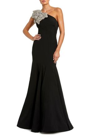 Mac Duggal Crepe One Shoulder Gown With Flower Detail in Black at Nordstrom, Size 10