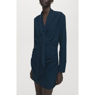 Mango Foulard Drape Long Sleeve Dress in Navy at Nordstrom, Size 10