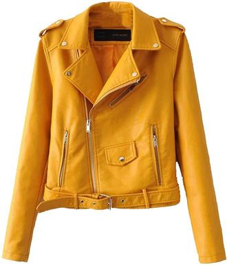 ShiFan Women Girl Cropped Faux Leather Biker Motorcycle Zip Up Jacket Coat Casual Yellow XS