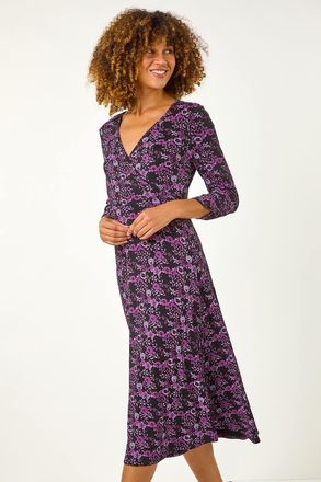 Roman Floral Wrap Front Midi Dress