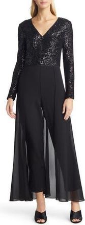 Eliza J Sequin Bodice Long Sleeve Overlay Jumpsuit in Black at Nordstrom Rack, Size 10