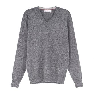 Brunello Cucinelli Maglione in puro cashmere con scollo a V e bordi a coste - - Knitwear - Uomo - Grigio - M