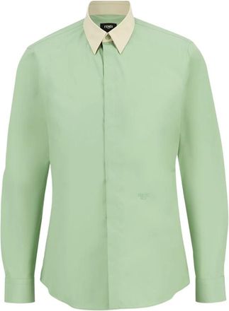 Fendi Poplin Overhemd met Contrastkraag - Heren - Casual Overhemden - Groen - L - Katoen - Overhemden