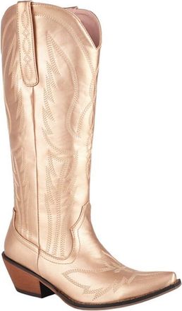 Generic Womens Metallic Knee High Cowboy Boots Western Embroidery Pointed Toe Chunky Block Heels Comfortable Non Slip Durable for Party Festival Daily,Gold,9.
