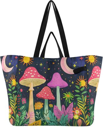 Generic Mushroom Plants Pink pattern Reusable Canvas Tote Bag, Heavy Duty Grocery Shopping Bag with Double Handles Hard Bottom Large Capacity Work Groceries T