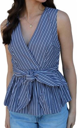 En Saison Ambrose Stripe Top In Steel Grey Blue/white