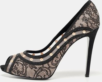 Rene Caovilla Ren&eacute; Caovilla Black Lace Pearls Embellished Platform Peep Toe Pumps