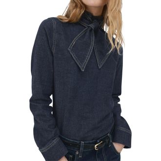 Mango Tie Neck Denim Button-Up Shirt in Dark Blue at Nordstrom, Size 12