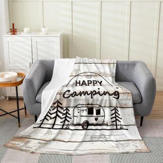 OEM Manta Polar Happy Camping - 50x60 Pulgadas, Suave, C&aacute;lida Y Ligera, Estilo R&uacute;stico De Granja, Adecuada Para Sof&aacute;s/camas, Apta Tanto Para Ni&ntilde;os Como Pa