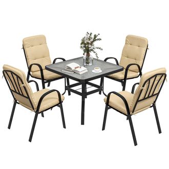 OUTSUNNY Garden Dining Set - Glass Table w/ Umbrella Hole - Beige | TJ Hughes
