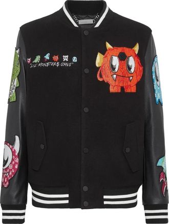 Philipp Plein Varsity Bomber Monsters met Kristallen - Heren - Bomber jackets - Zwart - 2XL - Leer - Jassen