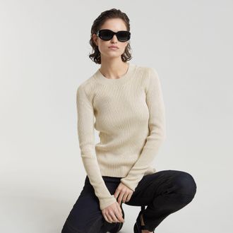 G-STAR Damen Plated Slim Knitted Pullover – Langarm, Rippabschlüsse, Runder Ausschnitt | Strick-Sweater