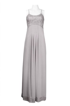 Sue Wong Spaghetti Strap Beaded Long Evening Dress In Platinum