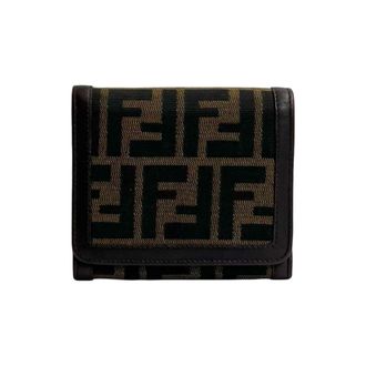Fendi Black Brown Canvas Leather Wallet (Tri-Fold) (Pre-Owned)