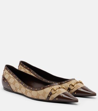 Gucci Savoy Horsebit leather-trimmed ballet flats