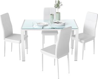 OEM Conjunto De Comedor De Mesa Y 4 Sillas 5 Piezas Mesa Rectangular De Vidrio Templado Y Sillas Tapizadas En Pu Blanco