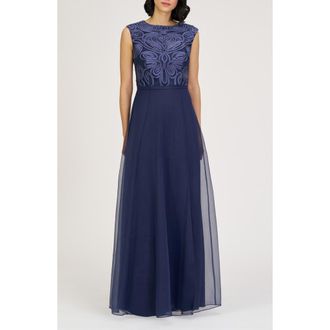 JS Collections Keira Soutache Lace Bodice Gown in Black Iris at Nordstrom Rack, Size 8