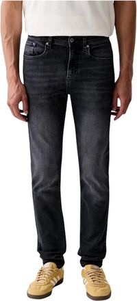 Karl Lagerfeld Jeans met logoprint en gebleekte details - Heren - Slim Fit Jeans - Zwart - W30 L32 - Katoen - Jeans