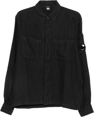 C.P. Company Linnen Lange Mouw Knopen Lens Shirt - Heren - Casual Overhemden - Zwart - M - Linnen - Overhemden