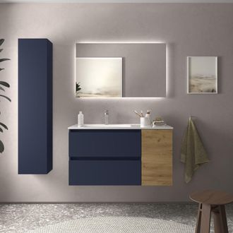 Cygnus Bath Salgar - Mueble Bequia 90cm Y Coqueta Derecha Y Lavabo Azul / Roble 90x45x56