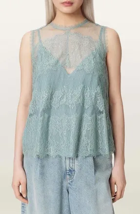 AllSaints Clara Mixed Lace Sleeveless Top in Dusty Blue at Nordstrom, Size 10