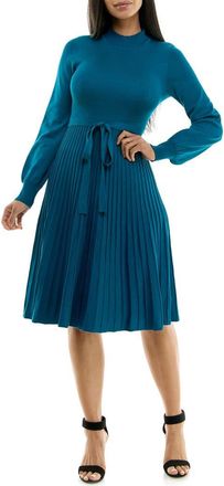 Nina Leonard Tie Waist Fit & Flare Sweater Dress in Teal at Nordstrom Rack, Size X-Large