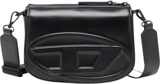 Diesel Tassen, Dames, Zwart, ONE Size, Leer, Italiaanse leren cameratas met D-plaat aan de voorkant