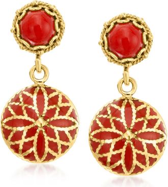 Ross-Simons Red Coral Drop Earrings With Red Enamel in 18kt Gold Over Sterling