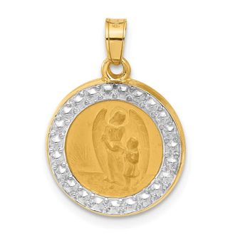 Diamond2Deal 14k Yellow Gold and White Rhodium Hollow Our Guardian Angel Medal