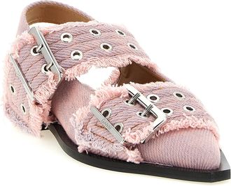 Ganni Buckle-Strap Fringed Denim Flat - Pink