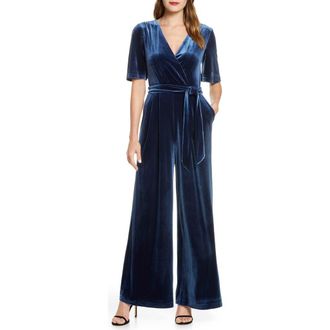 Eliza J Wide Leg Faux Wrap Velvet Jumpsuit in Blue at Nordstrom Rack, Size 8