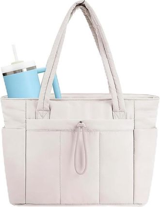 Generic Quilted Tote Bag with Cup Holder & Laptop Compartment, Large Capacity Cute Puffer Crossbody Travel Work Bags for Women (1, Beige)