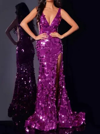 Jovani Fitted Sequin Formal Slit Beaded Prom Dress In Violet