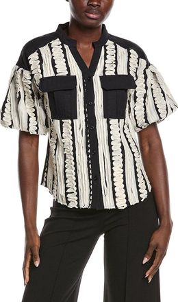 Gracia Embroidered Band V-Neck Puffed Sleeve Top