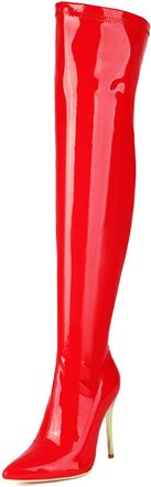 Generic Womens Patent Leather Over The Knee Boots Stiletto High Heel Long Boot with Side Zipper Pointed Toe Thigh High Boots,Red,6.5 UK