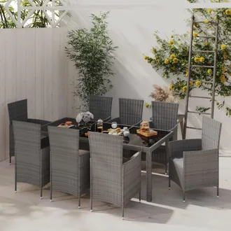 vidaXL Set De Comedor De Jard&iacute;n 9 Pzas Y Cojines Rat&aacute;n Sint&eacute;tico Gris Vidaxl
